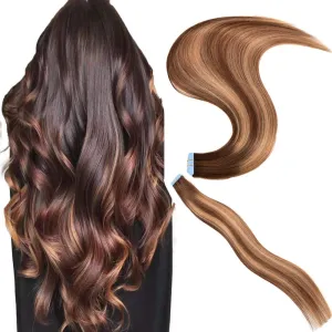 Tape in Hair Extensions Human Hair 14inch Skin Weft Straight Thick Natural with 12 Pieces Replacement Tape 20pcs 50g Chocolate Brown mixed caramel blonde #4/27/4