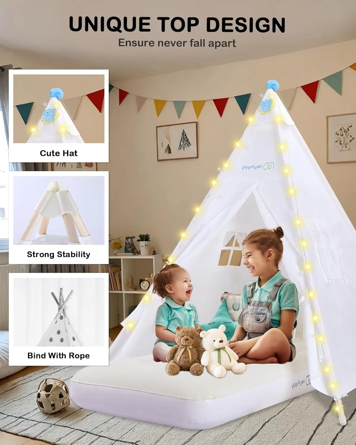 Teepee Tent for Kids with Inflatable Airbed, String Lights, Balloons, Pump, Washable Slumber Party Tent Indoor Outdoor for Girls Boys, Children Tipi Playhouse for Playtime and Sleepover