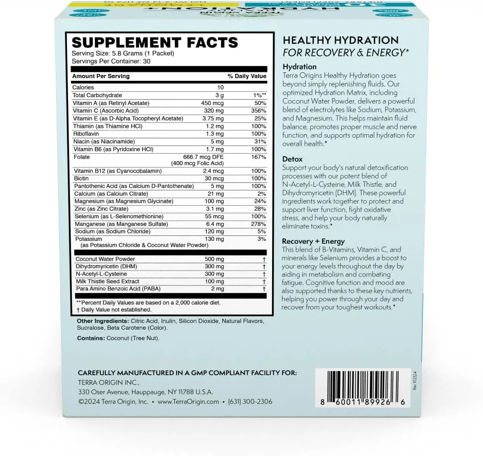 TERRA ORIGIN Healthy Hydration  Electrolyte Powder Packets | Sugar Free, Gluten Free Drink Mix | Lemonade | 30 Servings (1-Pack)