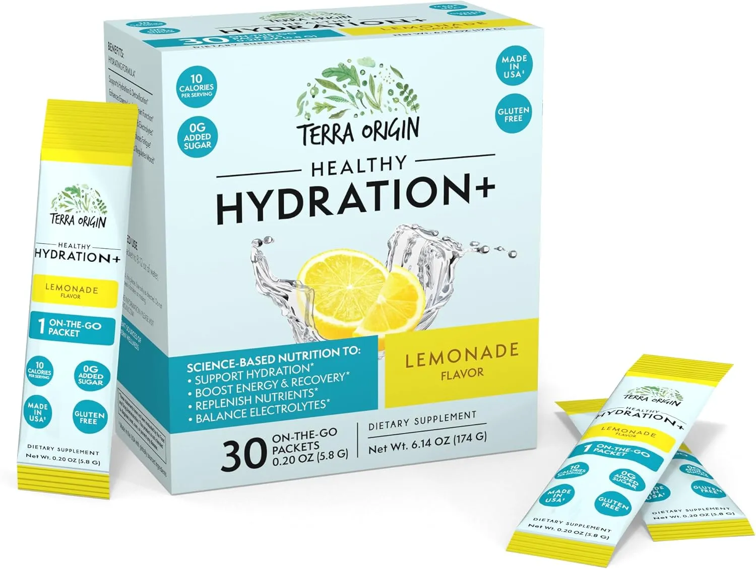 TERRA ORIGIN Healthy Hydration  Electrolyte Powder Packets | Sugar Free, Gluten Free Drink Mix | Lemonade | 30 Servings (1-Pack)