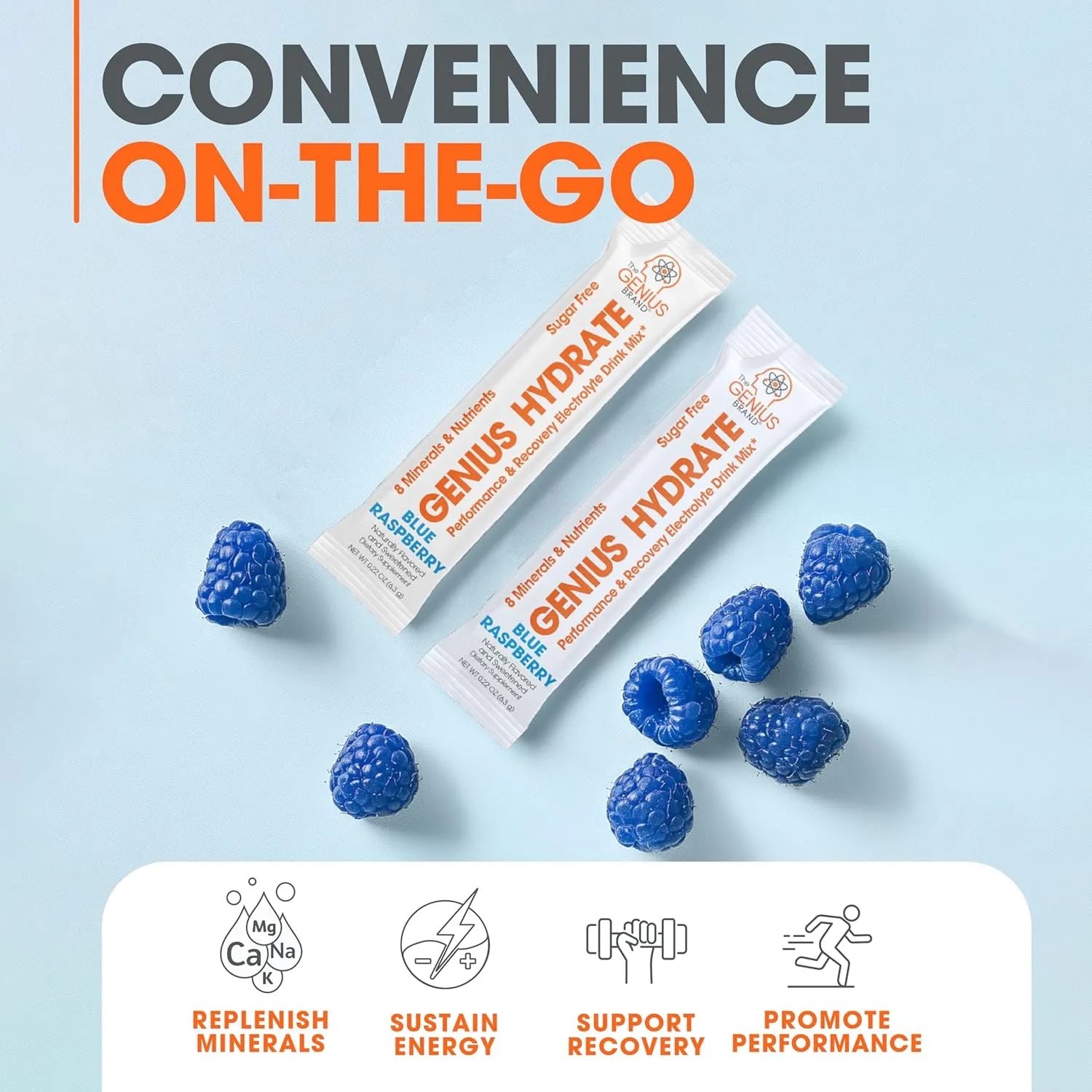 The Genius Brand - Genius Hydrate Stick Pack Powder Drink Mix – Blue Raspberry Flavor, Natural Electrolyte Booster with Coconut Water & Potassium for Ultimate Hydration - 20 Packets