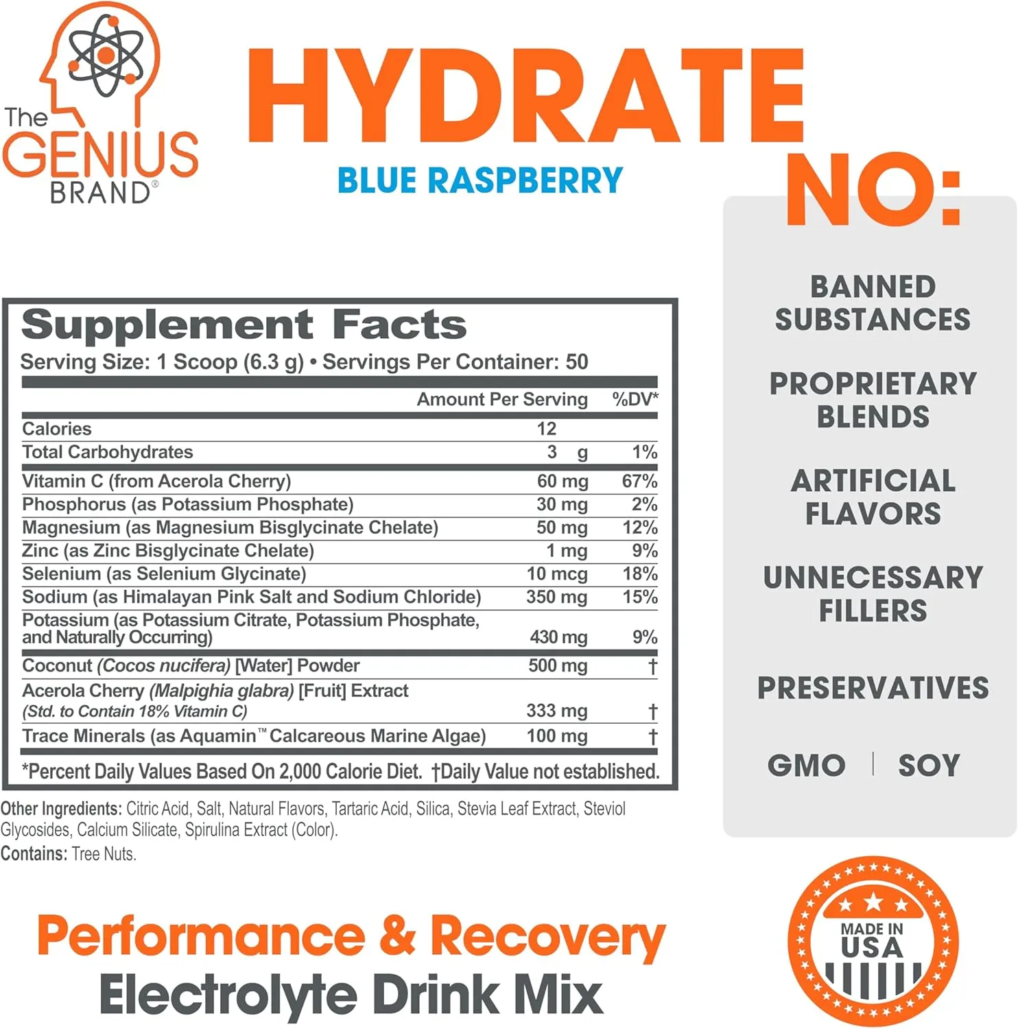 The Genius Brand - Genius Hydrate Stick Pack Powder Drink Mix – Blue Raspberry Flavor, Natural Electrolyte Booster with Coconut Water & Potassium for Ultimate Hydration - 20 Packets