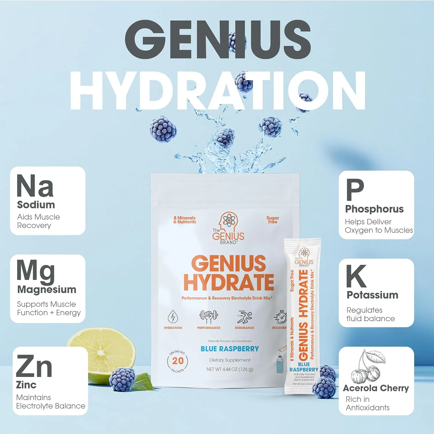 The Genius Brand - Genius Hydrate Stick Pack Powder Drink Mix – Blue Raspberry Flavor, Natural Electrolyte Booster with Coconut Water & Potassium for Ultimate Hydration - 20 Packets