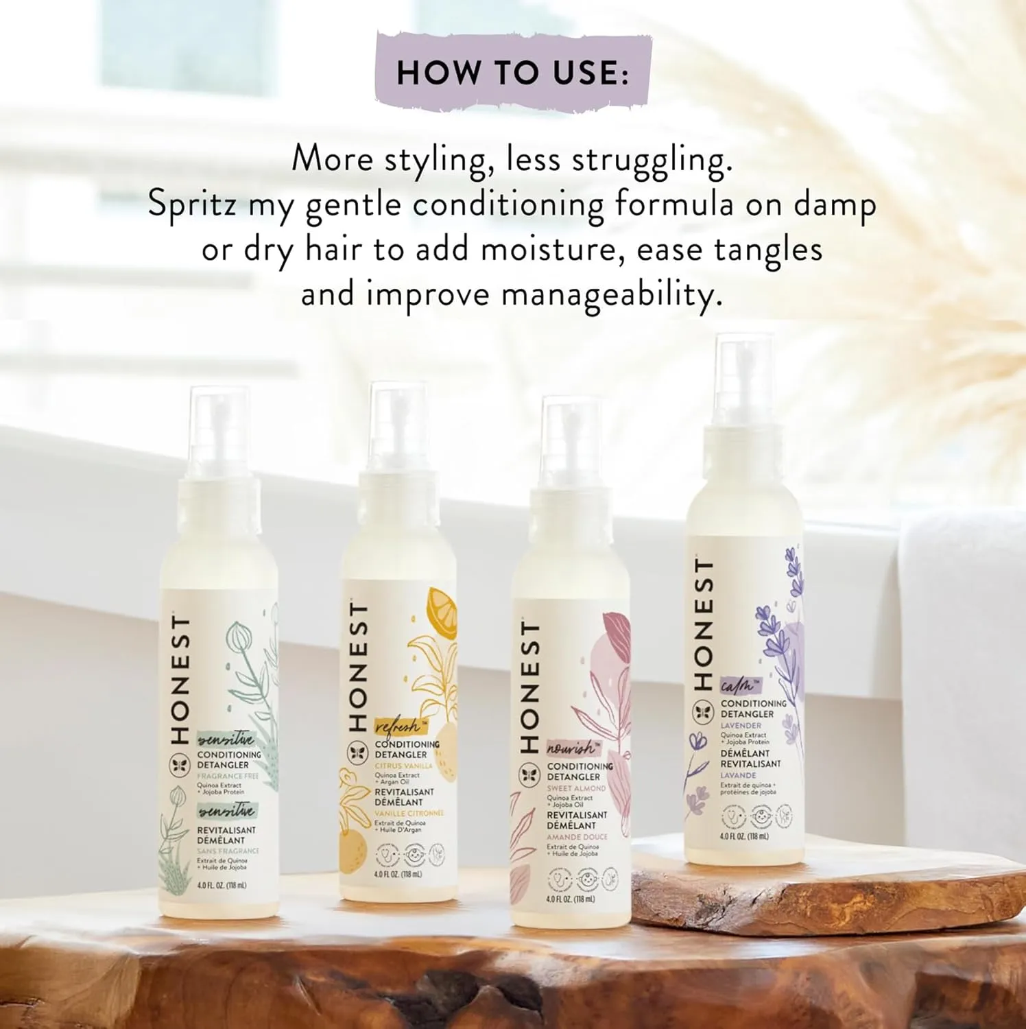 The Honest Company Conditioning Hair Detangler 3-Pack | Leave-in Conditioner   Fortifying Spray | Tear-free, Cruelty-Free, Hypoallergenic | Citrus Vanilla Refresh, 4 fl oz each (pack of 3)