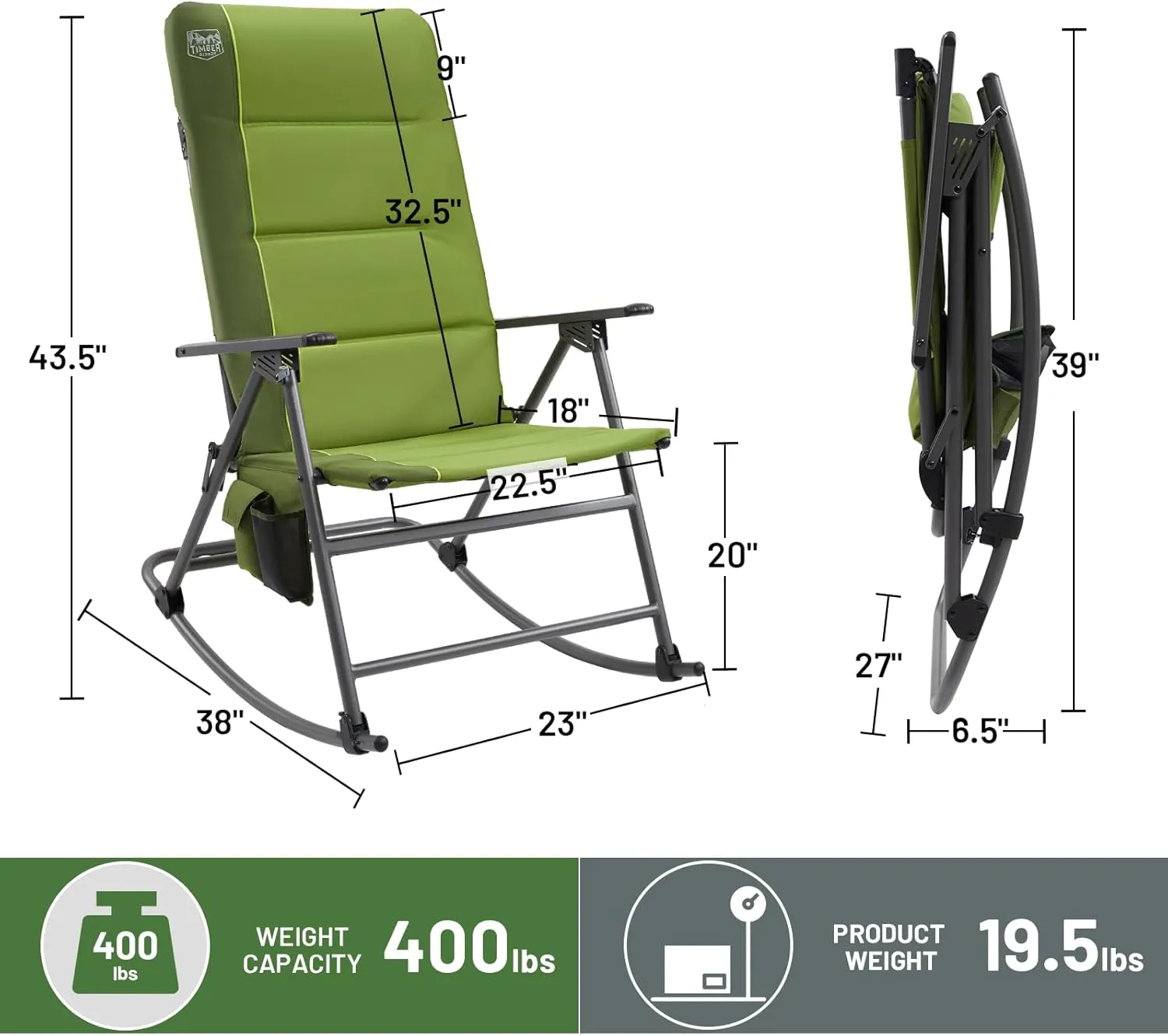 TIMBER RIDGE High Back Oversized Folding Rocking Camping Chair, Padded Outdoor Rocker, Portable Outdoor Chair for Patio, Garden, Lawn, Supports up to 400 lbs, Green