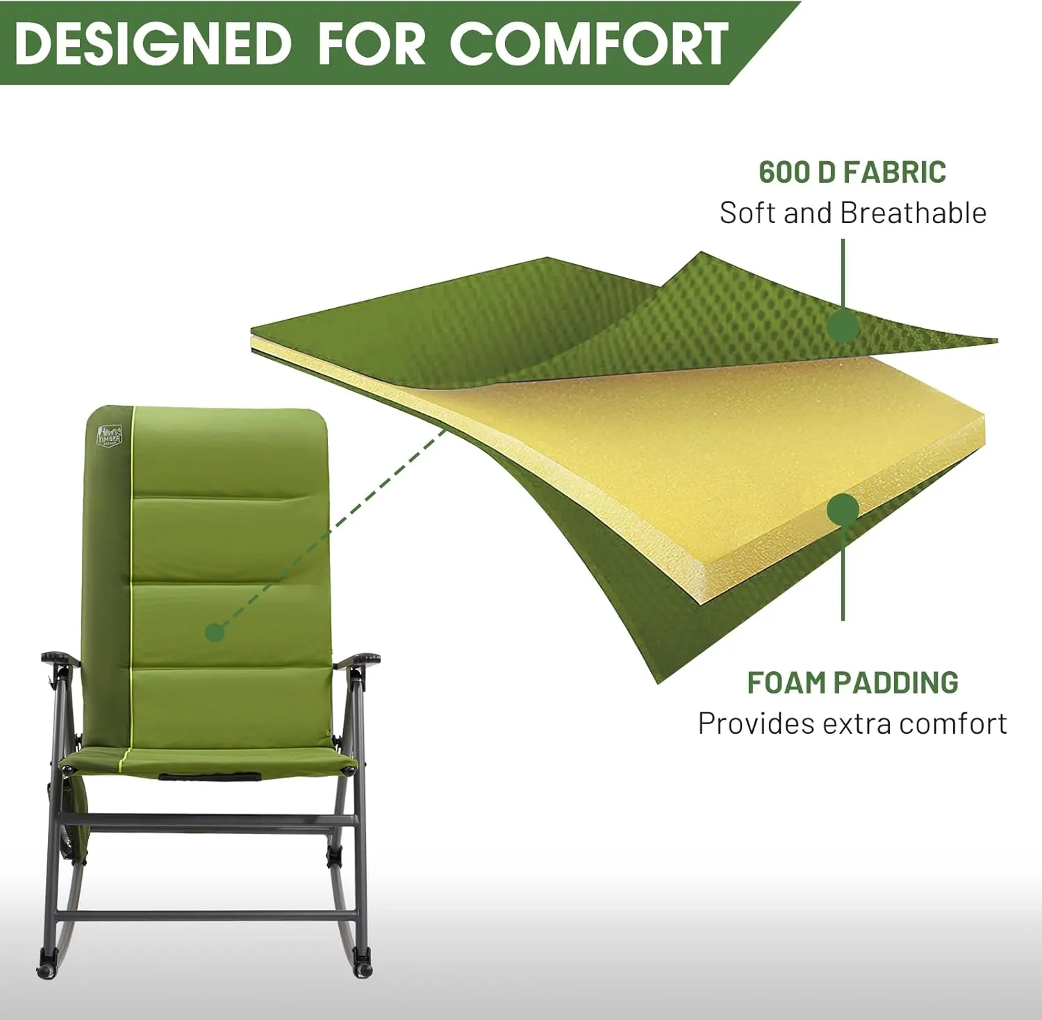 TIMBER RIDGE High Back Oversized Folding Rocking Camping Chair, Padded Outdoor Rocker, Portable Outdoor Chair for Patio, Garden, Lawn, Supports up to 400 lbs, Green