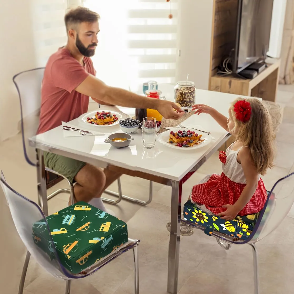 Toddler Booster Seat for Dining Table, Portable Booster Seat for Kitchen Chair, 4 Inch High-Density Foam Cushion with Adjustable Safety Straps and Non-Slip Bottom, Perfect for Kids Travel and Daily