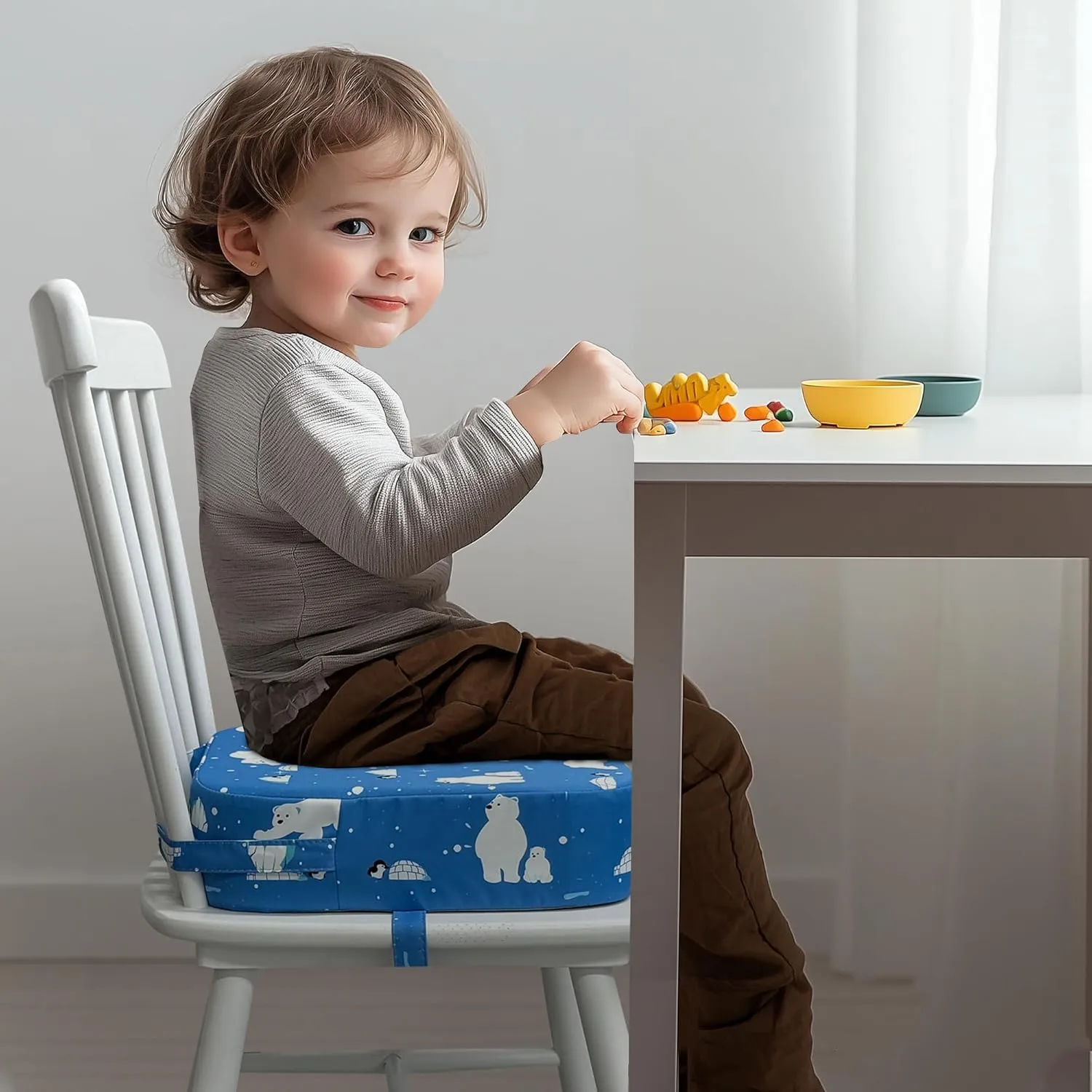 Toddler Booster Seat for Kitchen Chair, 3.5" Oxford Foam Cushion, Non-Slip Base, Adjustable Straps, Portable Dining Booster for Self-Feeding Toddlers at Home or on The Go (Polar Bear)