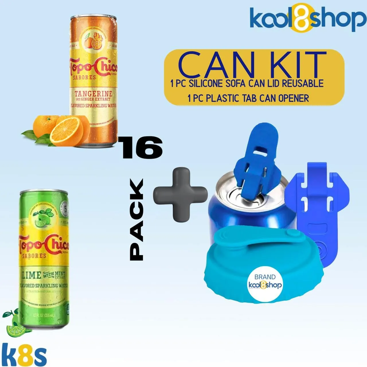 Topo Chico Lime-Tangerine 12 fl oz Slim Aluminum Can 16 Pack  1 Reusable Can Kit by KOOL8SHOP Infinite Deals