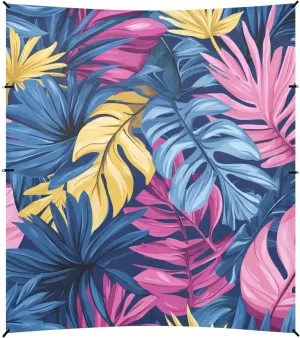 Tropical Style Palm Tree Leaves Pink and Blue Foldable Beach Tent UPF50 Easy Setup Sun Shelter Includes Sand Shovel, Sandbags, Stability Poles for Backyard and Camping