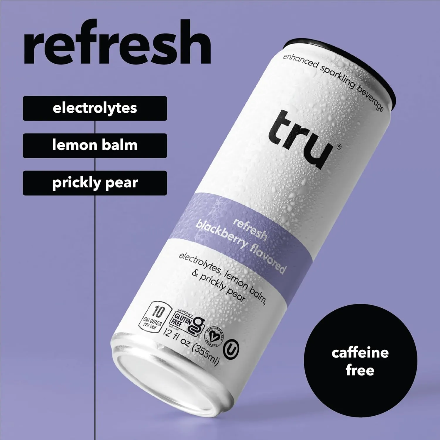 Tru Refresh Seltzer, Sparkling Water with Electrolytes, Prickly Pear, Lemon Balm & Real Blackberry Juice, Sweetened with Monk Fruit & Stevia, Gluten Free, Vegan, Caffeine Free, 12 FL OZ Cans, 12 Pack