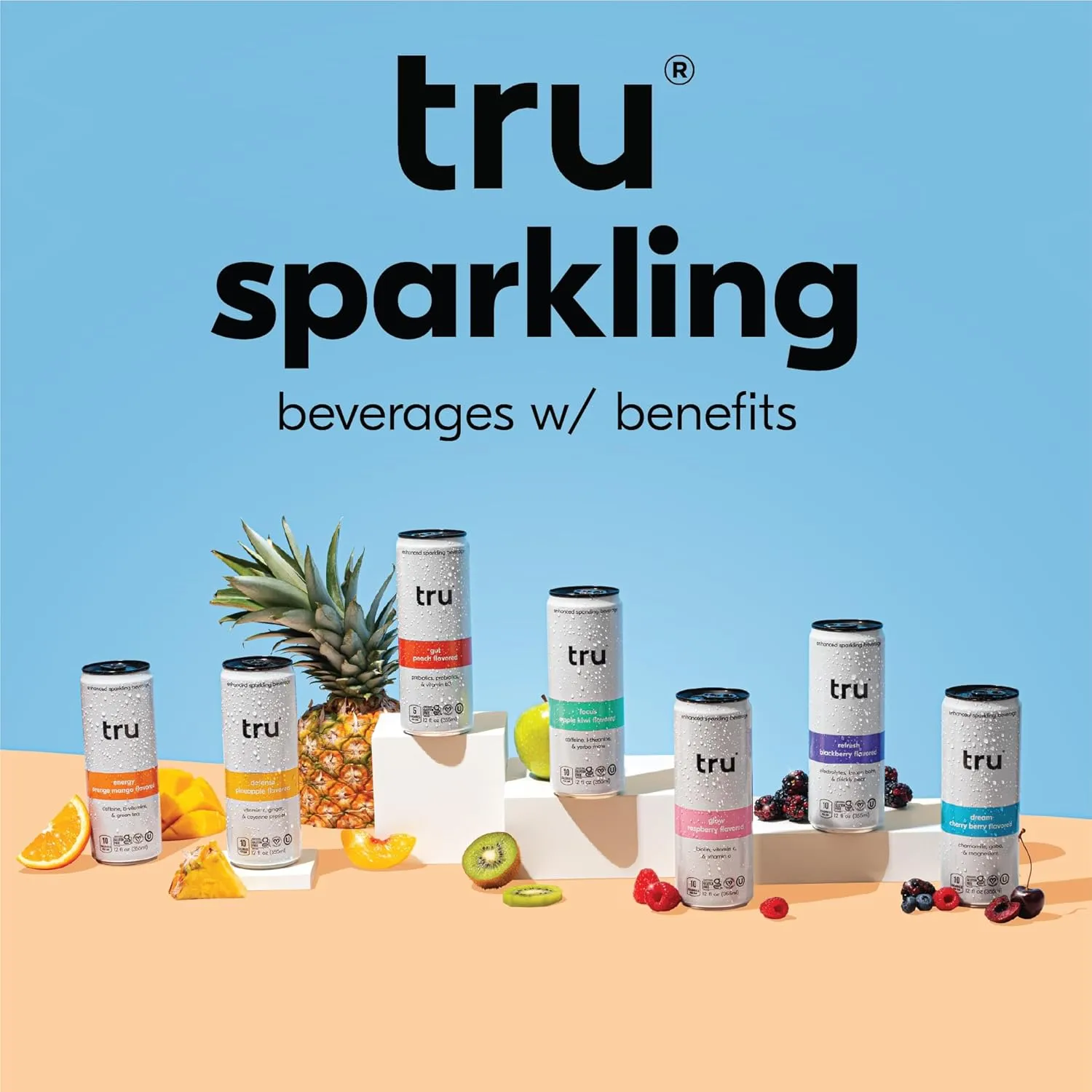 Tru Refresh Seltzer, Sparkling Water with Electrolytes, Prickly Pear, Lemon Balm & Real Blackberry Juice, Sweetened with Monk Fruit & Stevia, Gluten Free, Vegan, Caffeine Free, 12 FL OZ Cans, 12 Pack