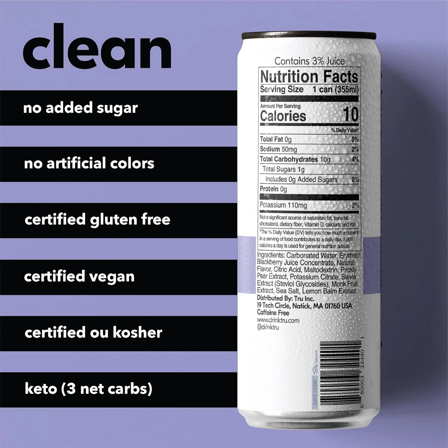 Tru Refresh Seltzer, Sparkling Water with Electrolytes, Prickly Pear, Lemon Balm & Real Blackberry Juice, Sweetened with Monk Fruit & Stevia, Gluten Free, Vegan, Caffeine Free, 12 FL OZ Cans, 12 Pack