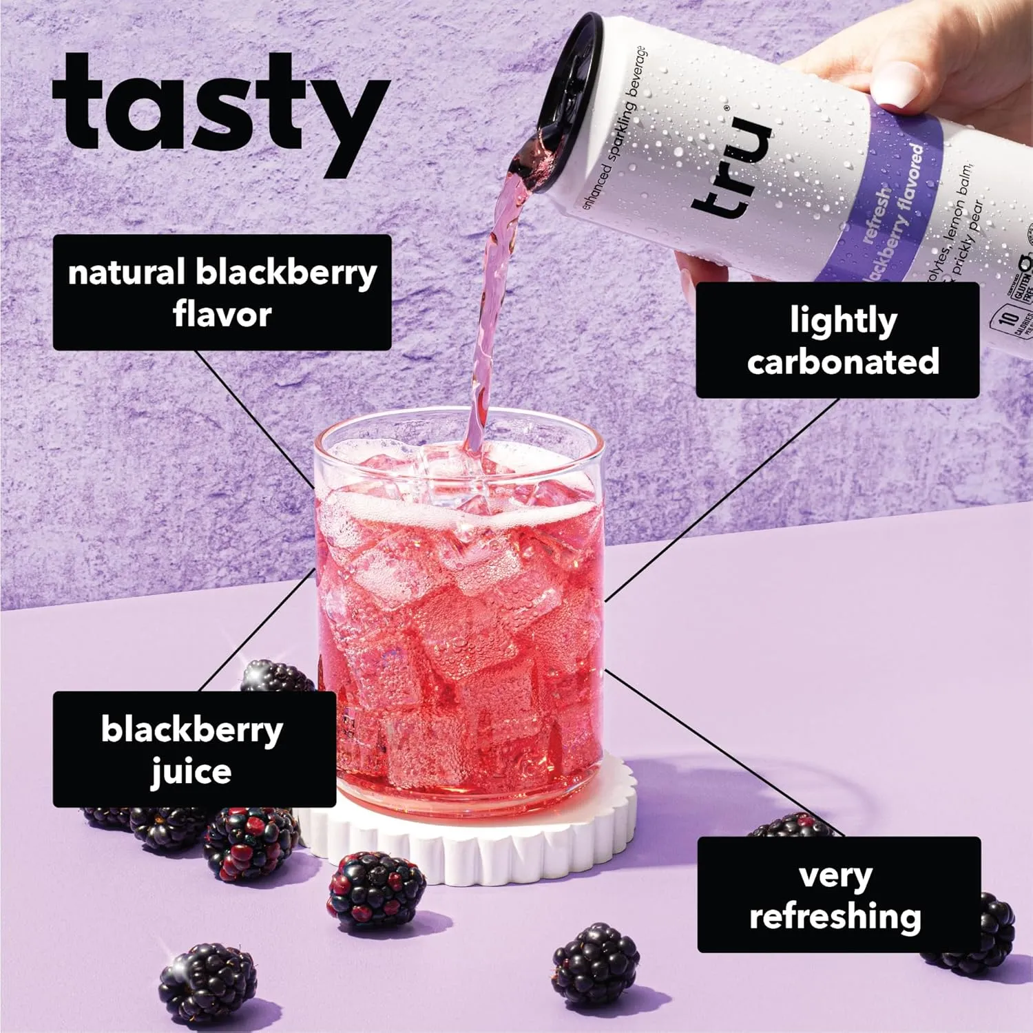 Tru Refresh Seltzer, Sparkling Water with Electrolytes, Prickly Pear, Lemon Balm & Real Blackberry Juice, Sweetened with Monk Fruit & Stevia, Gluten Free, Vegan, Caffeine Free, 12 FL OZ Cans, 12 Pack