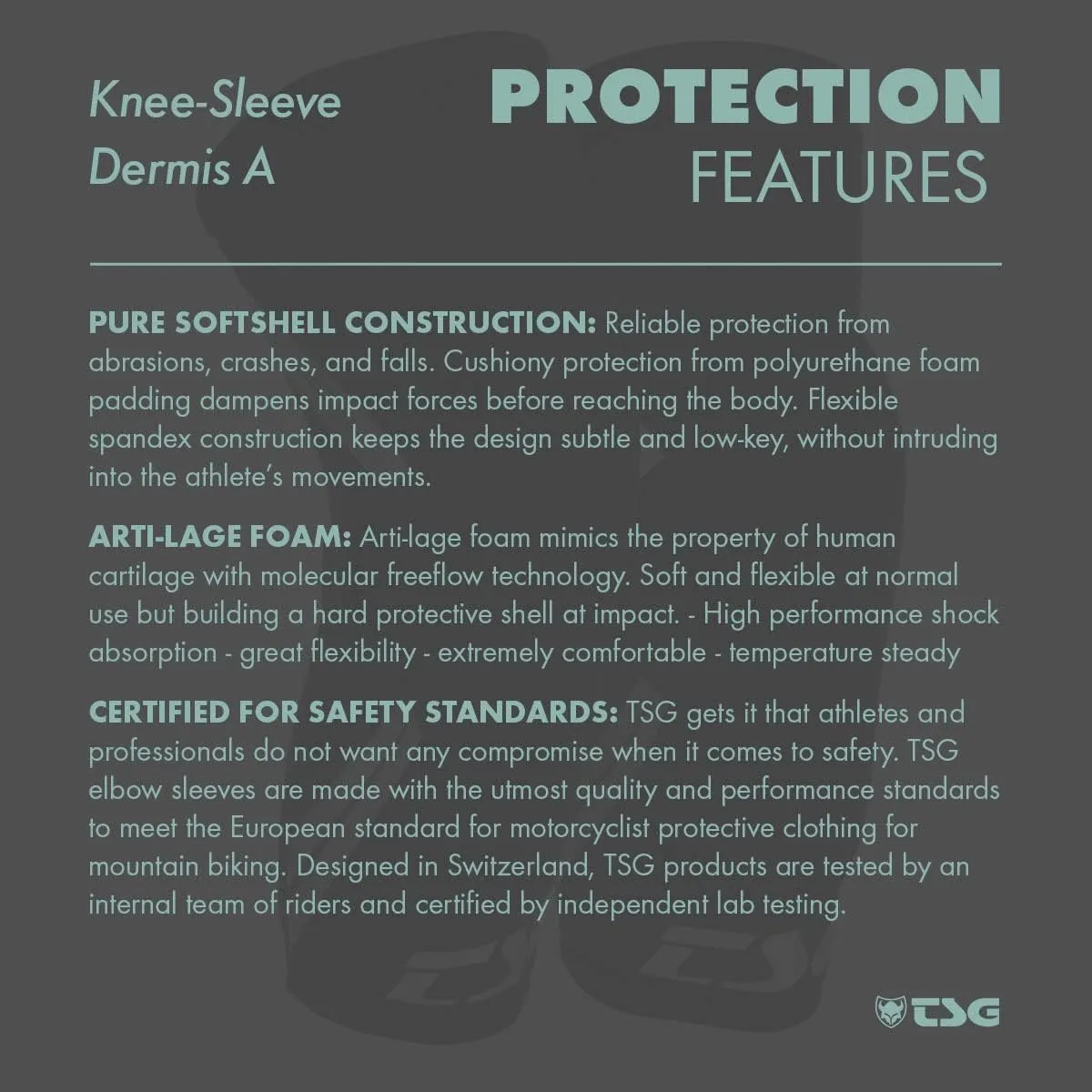 TSG Knee Sleeve - Dermis A, Black | Knee Protection Pads for Men & Women, MTB, BMX, Enduro, Cycling, Mountain Biking, Lightweight, Comfortable, Ventilated, Safety Certified | Swiss Design