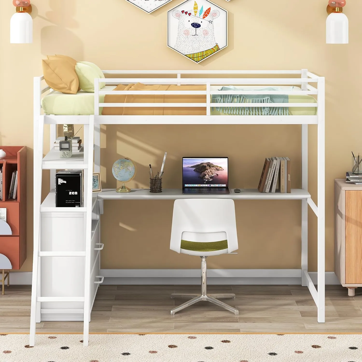 Twin Size Loft Bed with Desk and Storage Drawers, Metal&Wood Loft Bed with Desk and Shelves, Heavy-Duty Loft Beds with Ladder for Kids Boys Girls Teens, White