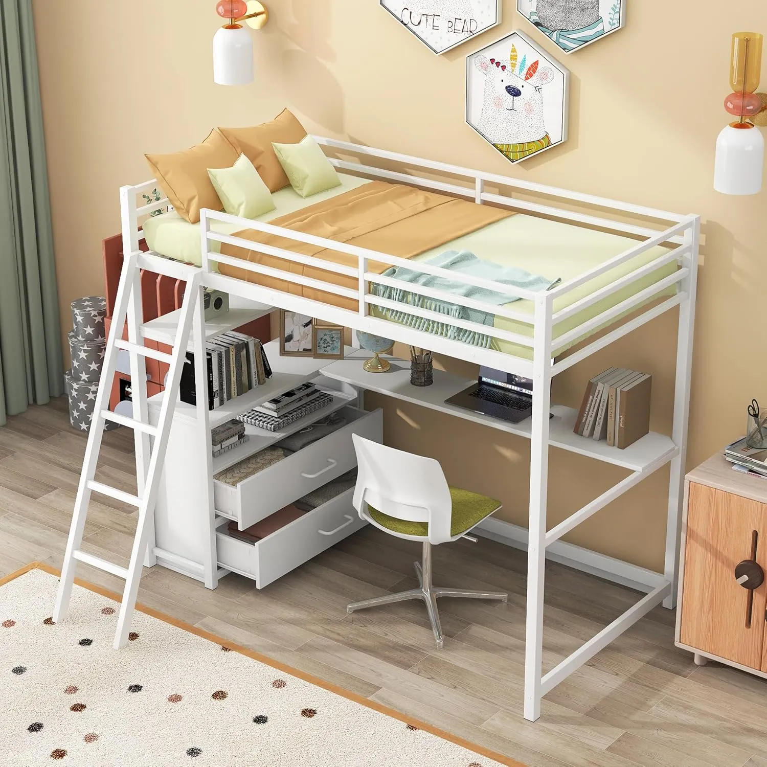 Twin Size Loft Bed with Desk and Storage Drawers, Metal&Wood Loft Bed with Desk and Shelves, Heavy-Duty Loft Beds with Ladder for Kids Boys Girls Teens, White