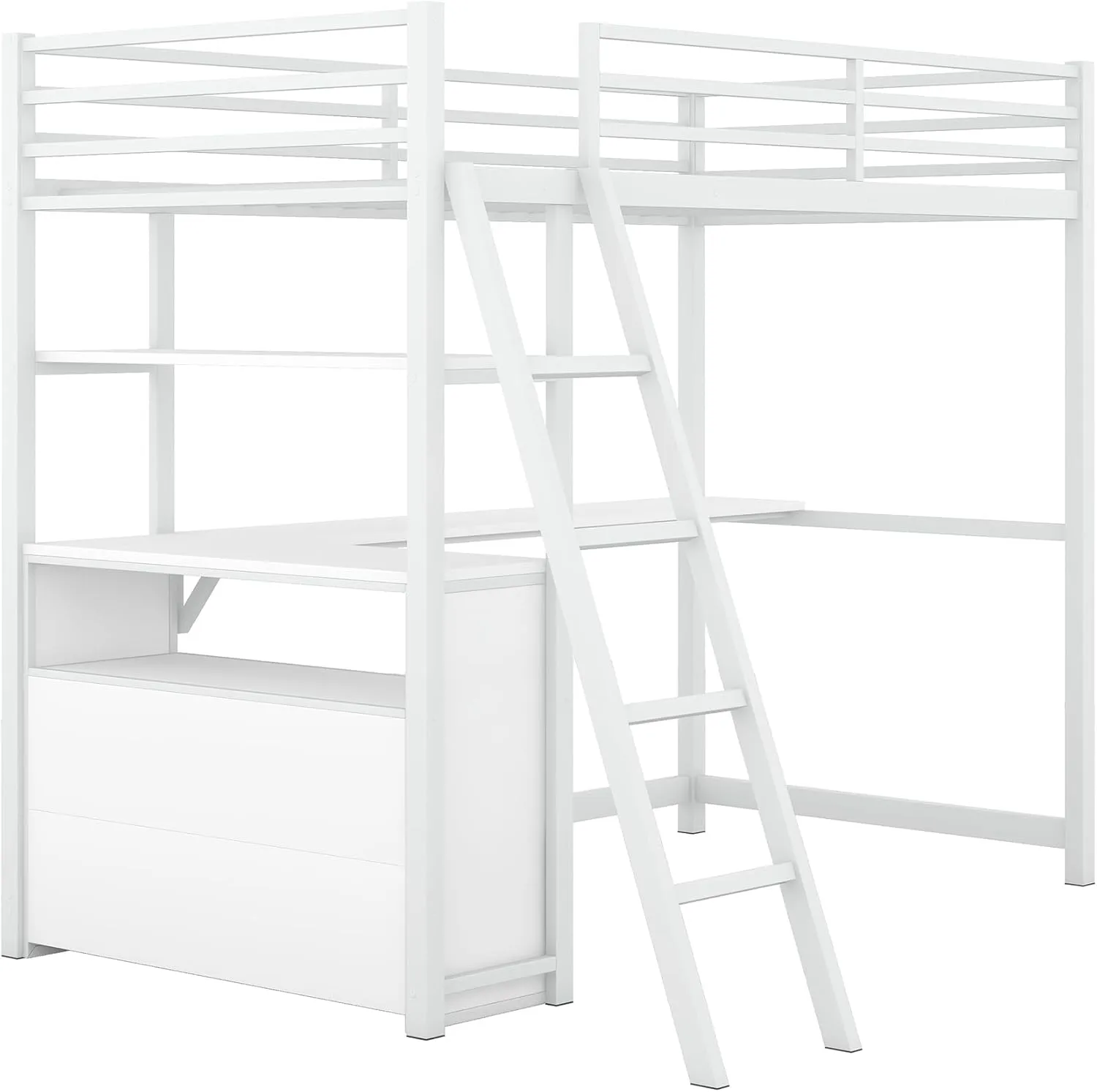 Twin Size Loft Bed with Desk and Storage Drawers, Metal&Wood Loft Bed with Desk and Shelves, Heavy-Duty Loft Beds with Ladder for Kids Boys Girls Teens, White