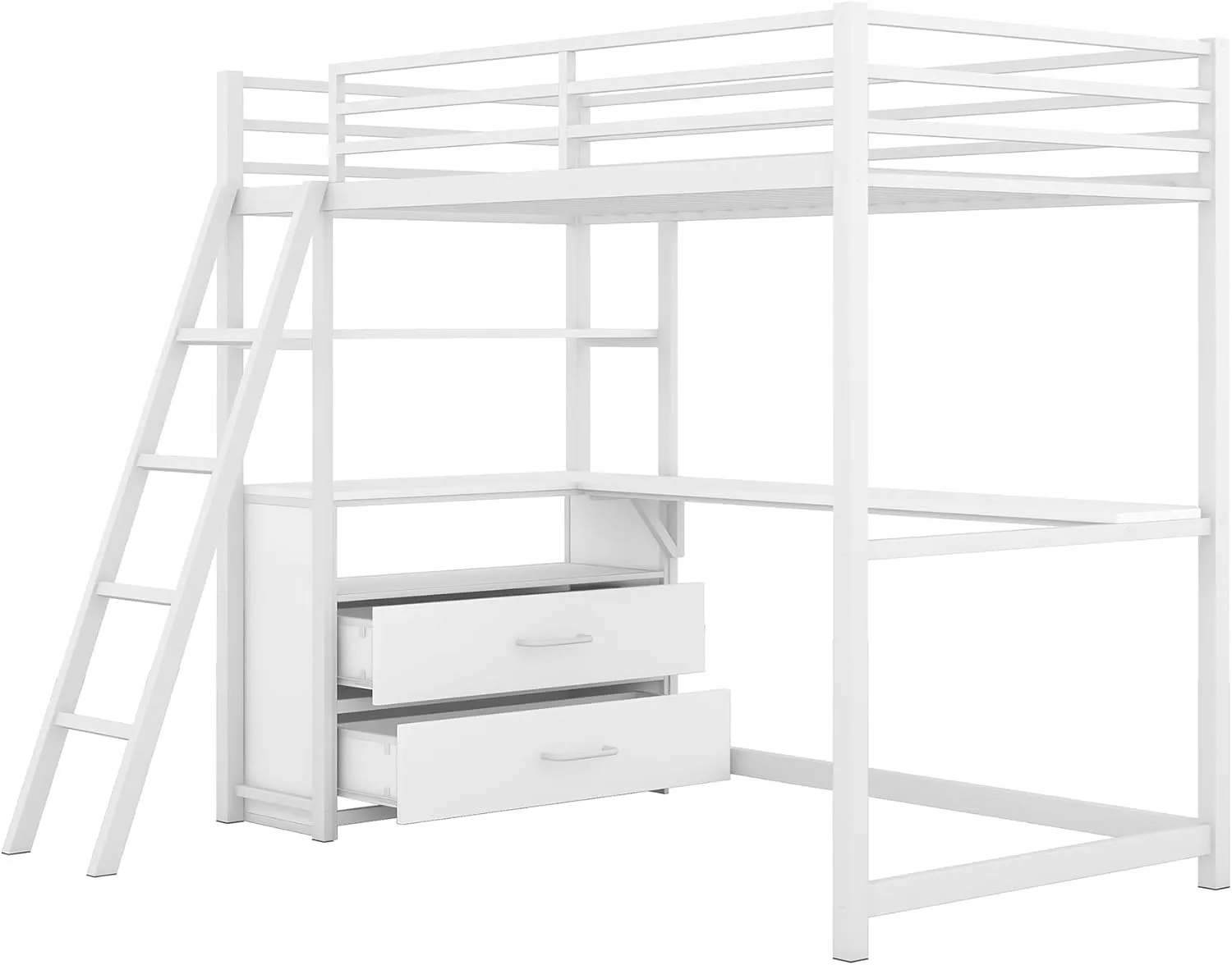 Twin Size Loft Bed with Desk and Storage Drawers, Metal&Wood Loft Bed with Desk and Shelves, Heavy-Duty Loft Beds with Ladder for Kids Boys Girls Teens, White