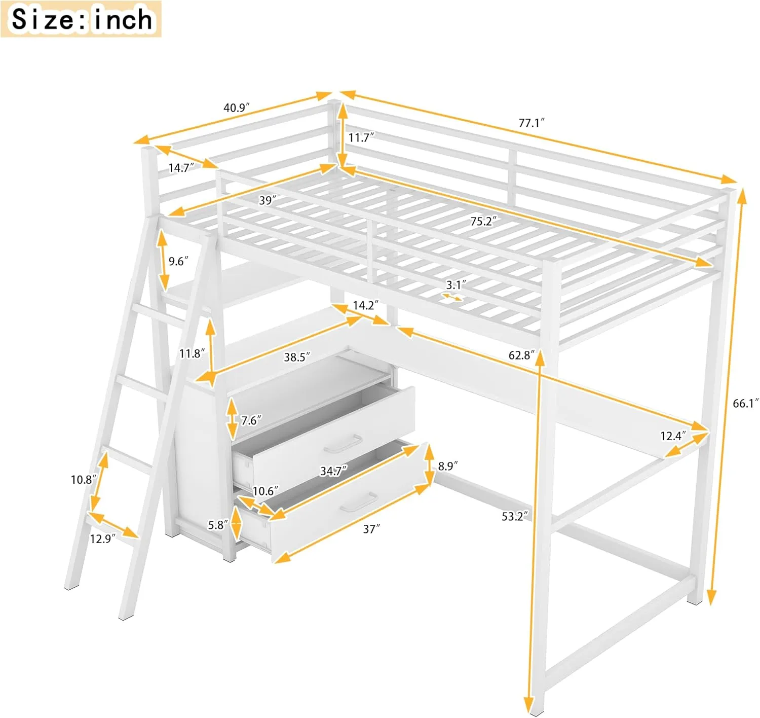 Twin Size Loft Bed with Desk and Storage Drawers, Metal&Wood Loft Bed with Desk and Shelves, Heavy-Duty Loft Beds with Ladder for Kids Boys Girls Teens, White