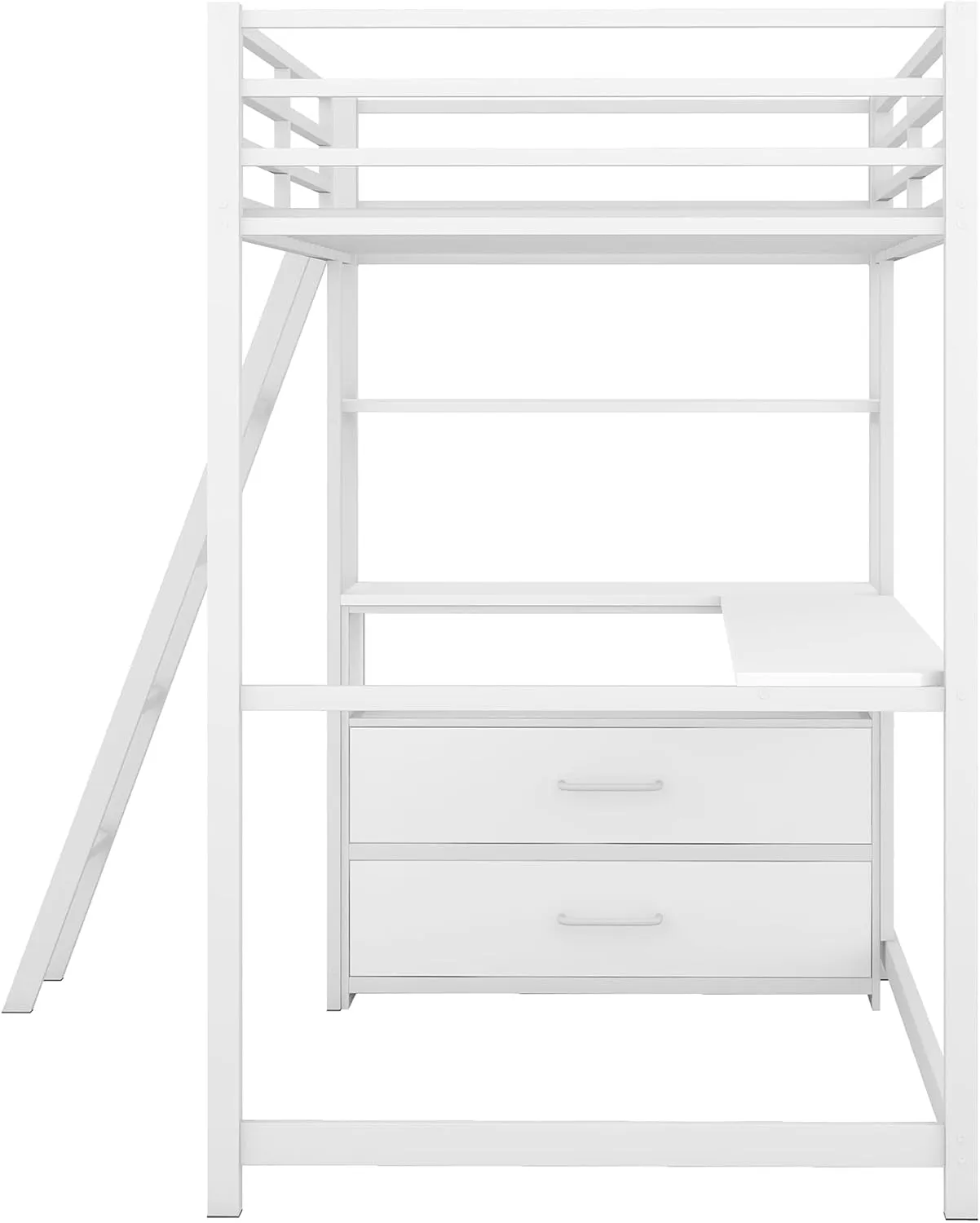 Twin Size Loft Bed with Desk and Storage Drawers, Metal&Wood Loft Bed with Desk and Shelves, Heavy-Duty Loft Beds with Ladder for Kids Boys Girls Teens, White