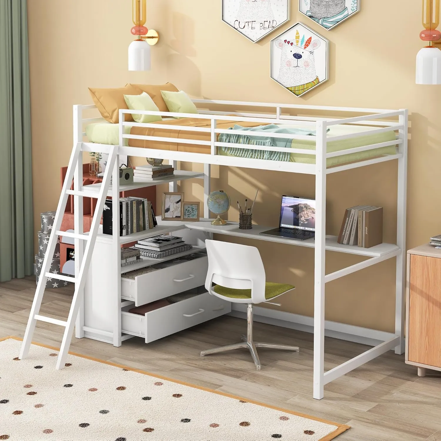 Twin Size Loft Bed with Desk and Storage Drawers, Metal&Wood Loft Bed with Desk and Shelves, Heavy-Duty Loft Beds with Ladder for Kids Boys Girls Teens, White