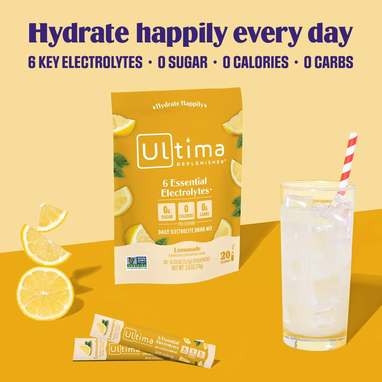 Ultima Replenisher Daily Electrolyte Powder Drink Mix – Lemonade, 20 Stickpacks – Hydration Packets with 6 Key Electrolytes and Trace Minerals – Keto Friendly, Vegan, Non-GMO and Sugar-Free