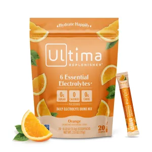 Ultima Replenisher Daily Electrolyte Powder Drink Mix – Orange, 20 Stickpacks – Hydration Packets with 6 Key Electrolytes and Trace Minerals – Keto Friendly, Vegan, Non-GMO and Sugar-Free