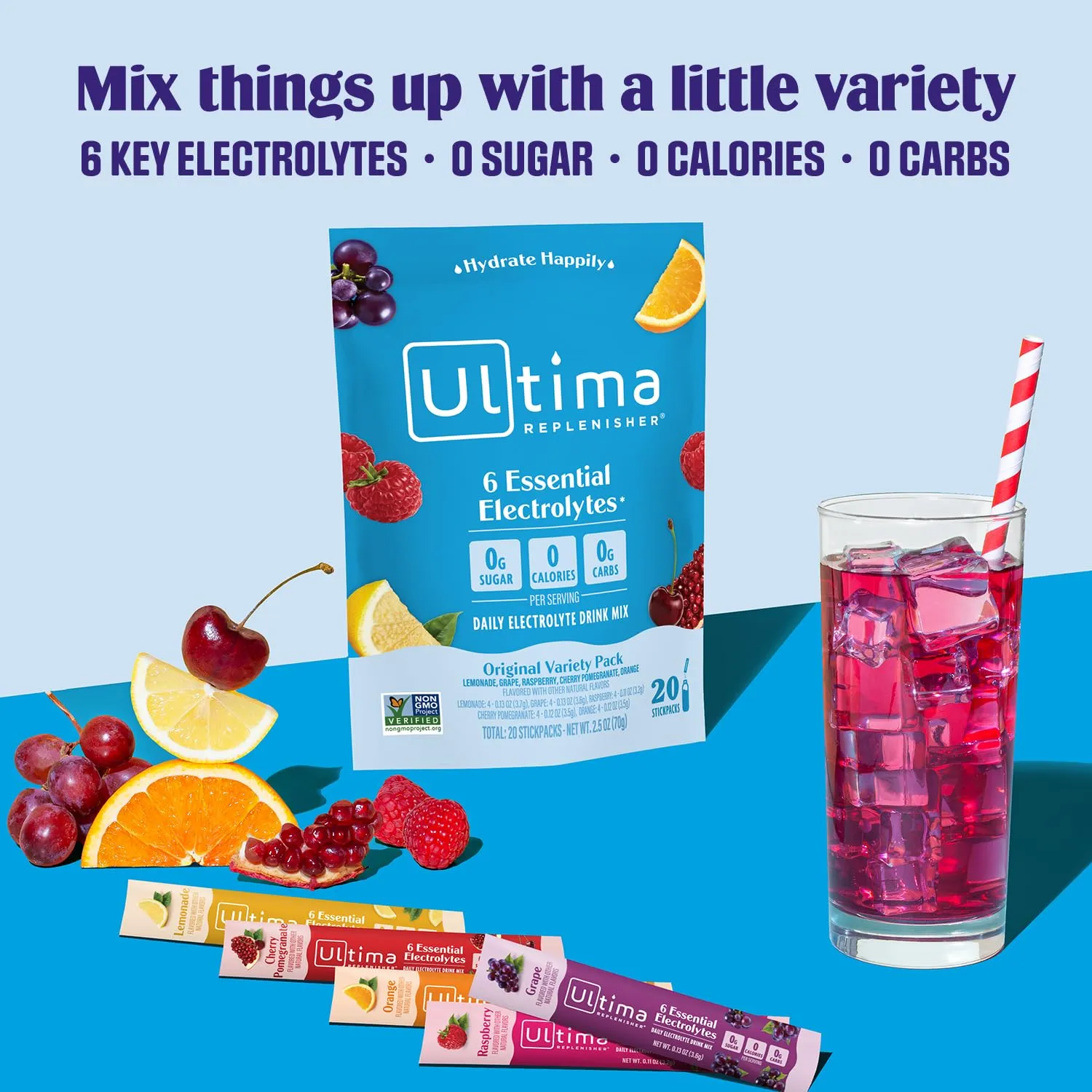 Ultima Replenisher Daily Electrolyte Powder Drink Mix – Original Variety, 20 Stickpacks – Hydration Packets with 6 Electrolytes and Minerals – Keto Friendly, Vegan, Non-GMO and Sugar-Free