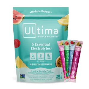 Ultima Replenisher Daily Electrolyte Powder Drink Mix – Tropical Variety, 20 Stickpacks – Hydration Packets with 6 Electrolytes and Minerals – Keto Friendly, Non-GMO and Sugar-Free