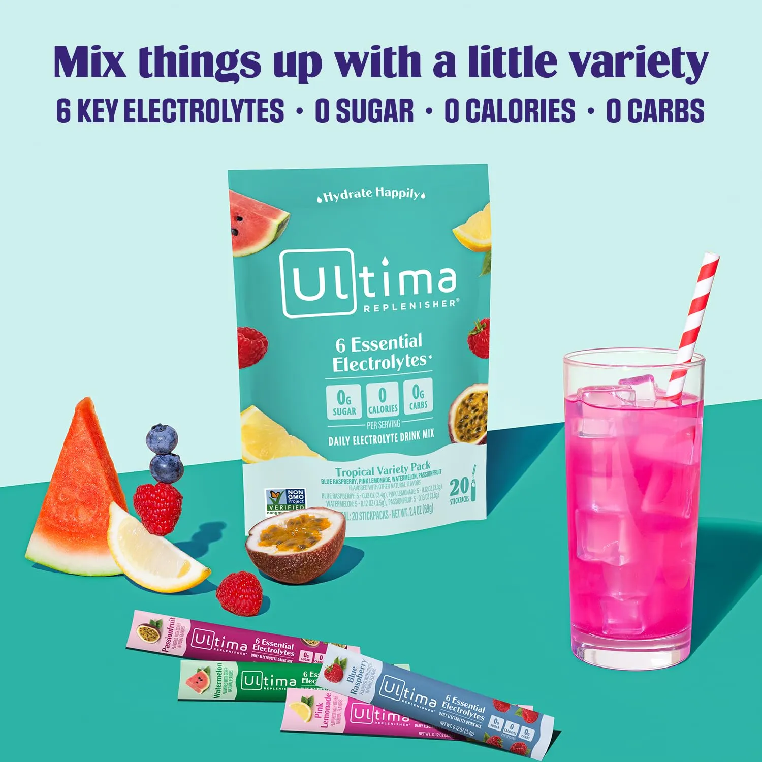 Ultima Replenisher Daily Electrolyte Powder Drink Mix – Tropical Variety, 20 Stickpacks – Hydration Packets with 6 Electrolytes and Minerals – Keto Friendly, Non-GMO and Sugar-Free