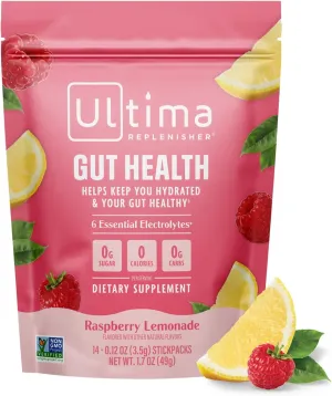 Ultima Replenisher Gut Health Supplement and Electrolytes Powder - Raspberry Lemonade, 14 Stickpacks - Hydration Packets with Added Gut Health Benefits