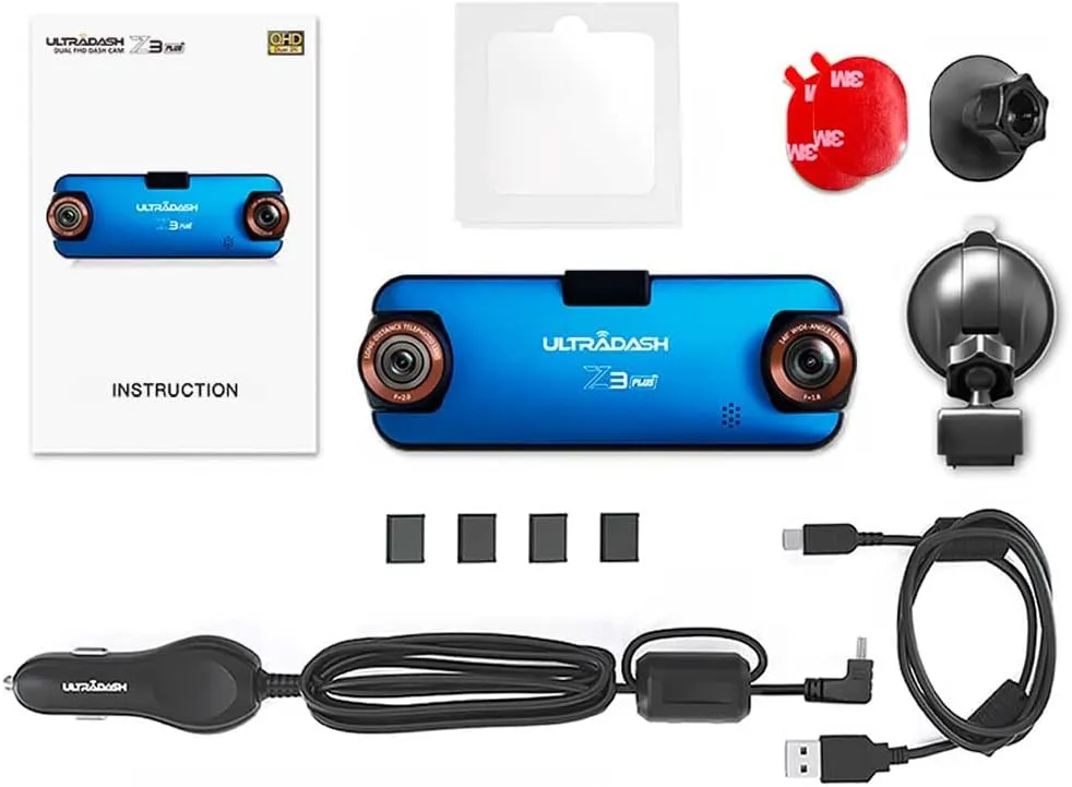 UltraDash Z3  Standard Edition - Dual Lens Dash Cam 2K 1440P, Telephoto Zoom-in Lens, 140° Wide Angle, 2" LCD, G-Sensor, HDR, Night Video, Super Capacitor