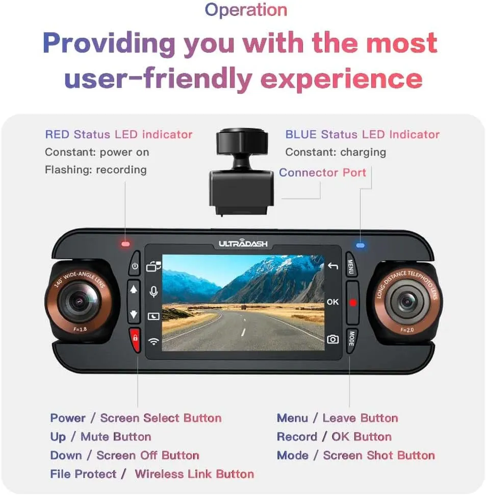UltraDash Z3  Standard Edition - Dual Lens Dash Cam 2K 1440P, Telephoto Zoom-in Lens, 140° Wide Angle, 2" LCD, G-Sensor, HDR, Night Video, Super Capacitor