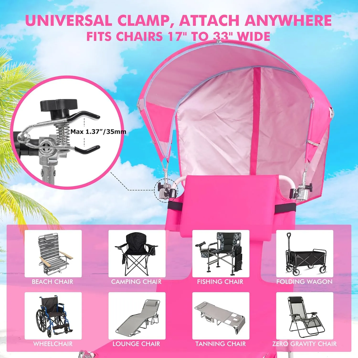 Universal Chair Canopy Umbrella, UPF 50  Sun Shade with Adjustable Clamp Clip for Beach Chair, Outdoor Camping Chair, Sports Chair, Lawn Chair, Zero Gravity Chair, Wheelchair, Wagon,(Patent Design)