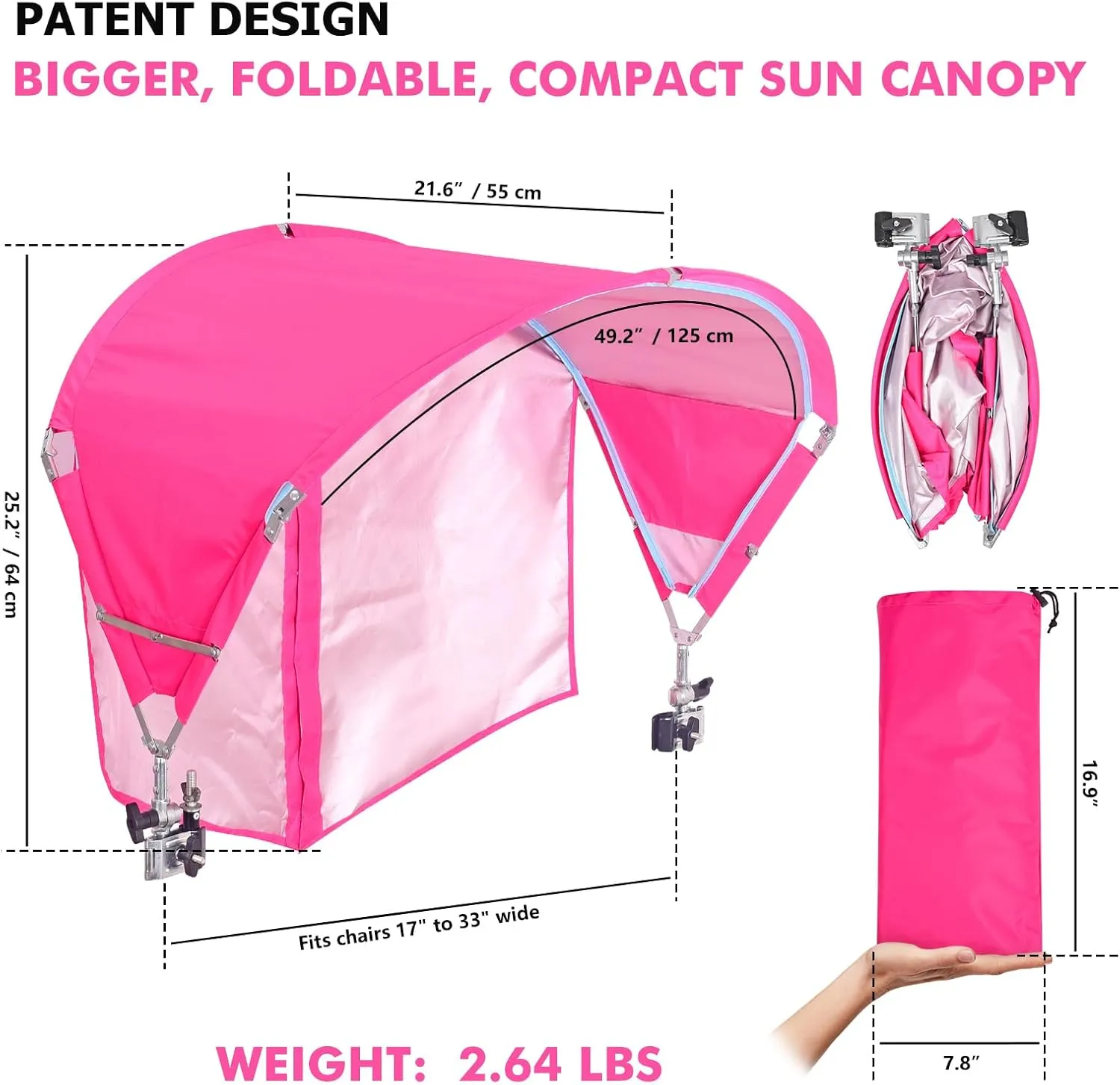 Universal Chair Canopy Umbrella, UPF 50  Sun Shade with Adjustable Clamp Clip for Beach Chair, Outdoor Camping Chair, Sports Chair, Lawn Chair, Zero Gravity Chair, Wheelchair, Wagon,(Patent Design)