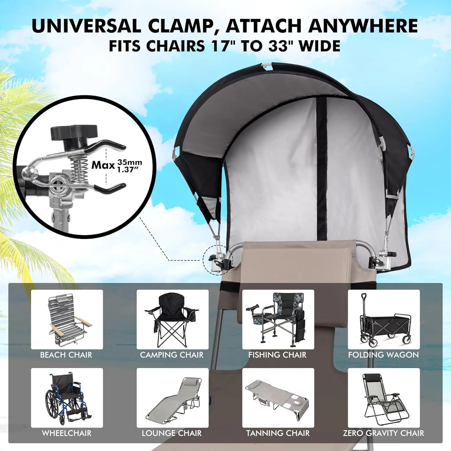 Universal Chair Umbrella Canopy, UPF 50  Sun Shade with Adjustable Clamp Clip for Beach Chair, Outdoor Camping Chair, Sports Chair, Lawn Chair, Tanning Chair, Zero Gravity Chair, Black 2 Pack