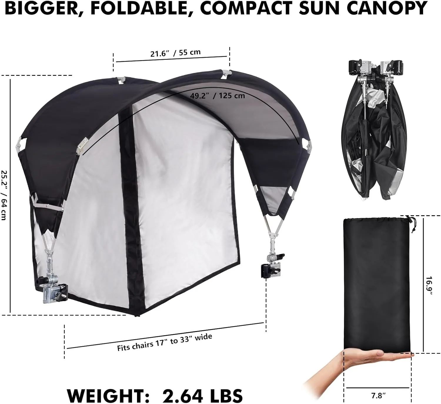Universal Chair Umbrella Canopy, UPF 50  Sun Shade with Adjustable Clamp Clip for Beach Chair, Outdoor Camping Chair, Sports Chair, Lawn Chair, Tanning Chair, Zero Gravity Chair, Black 2 Pack