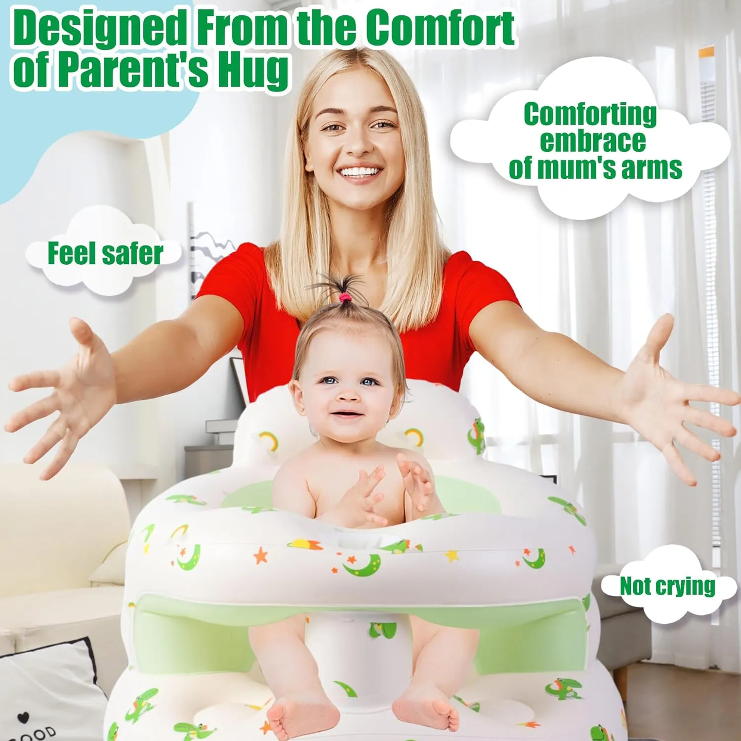 Upgraded Inflatable Baby Seat for Babies 3-36 Months, Inflatable Baby Chair Sit Me Up Floor Seat for Baby, Back Support Baby Seats for Infants for Sitting Up with Built in Air Pump (Green Dinosaur)