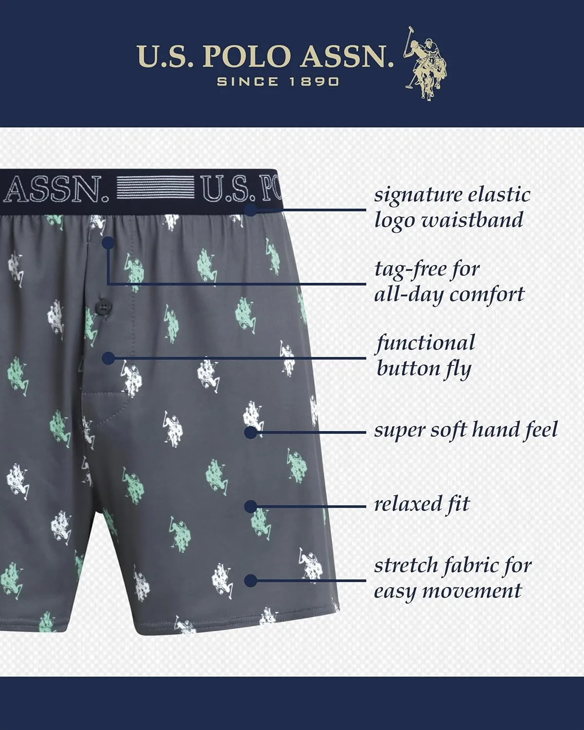 U.S. Polo Assn. Men's Underwear - 3 Pack Ultra Soft Knit Boxers with Functional Fly (S-XL)