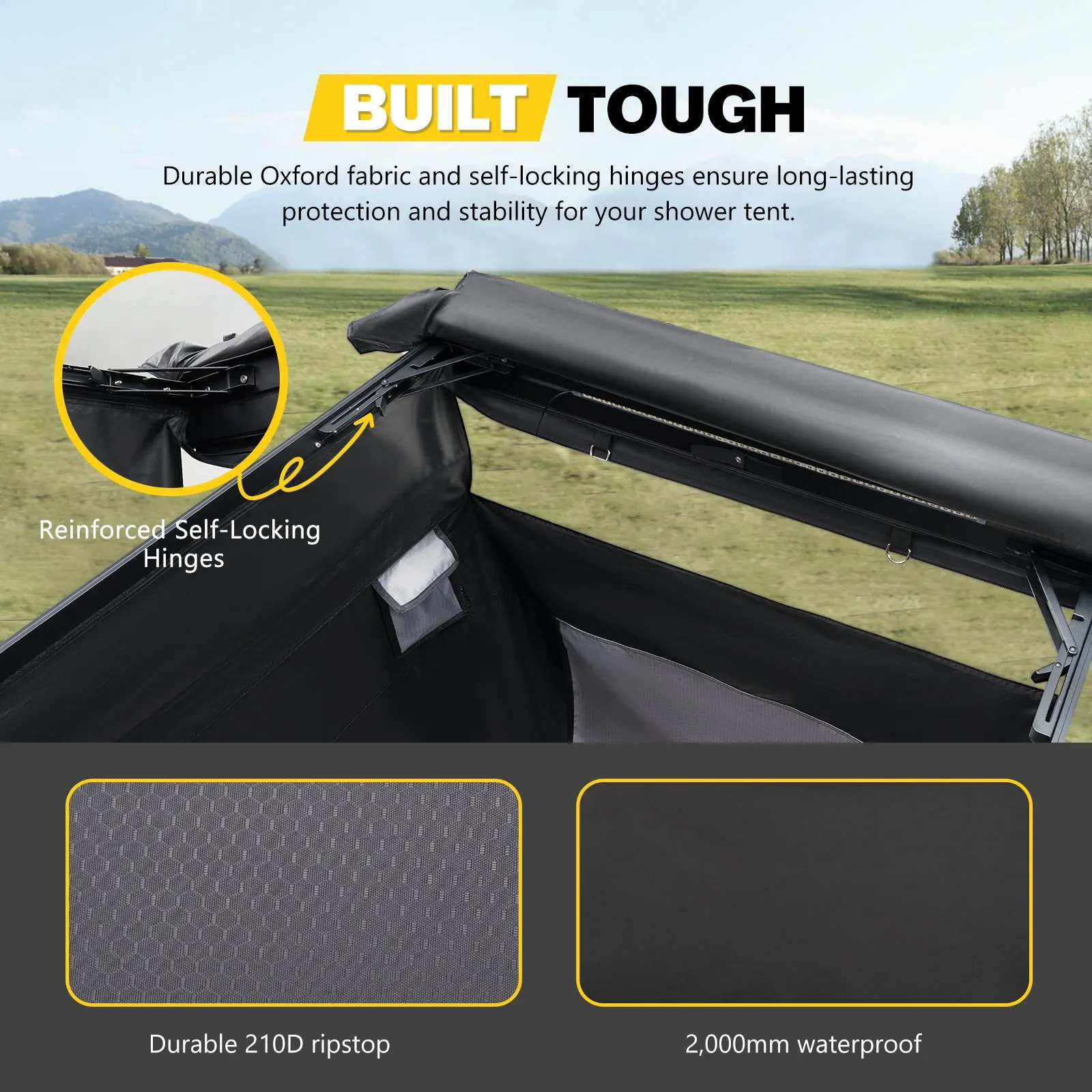 Vehicle Side Shower Tent with Roof, Car Portable Privacy Shower Bathroom, Outdoor Camping Awning Shower Room Waterproof, Built-in LED Light for Night, Black