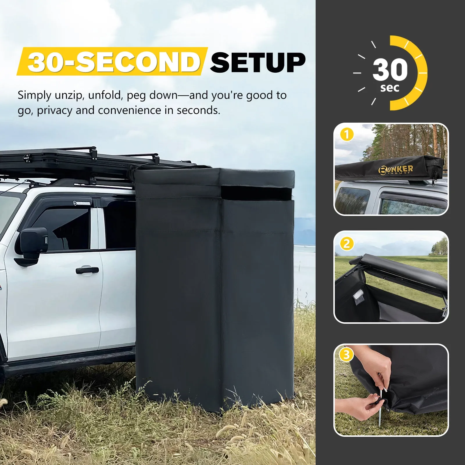 Vehicle Side Shower Tent with Roof, Car Portable Privacy Shower Bathroom, Outdoor Camping Awning Shower Room Waterproof, Built-in LED Light for Night, Black