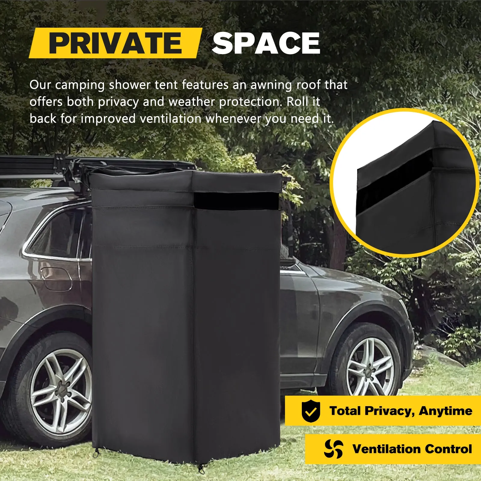 Vehicle Side Shower Tent with Roof, Car Portable Privacy Shower Bathroom, Outdoor Camping Awning Shower Room Waterproof, Built-in LED Light for Night, Black