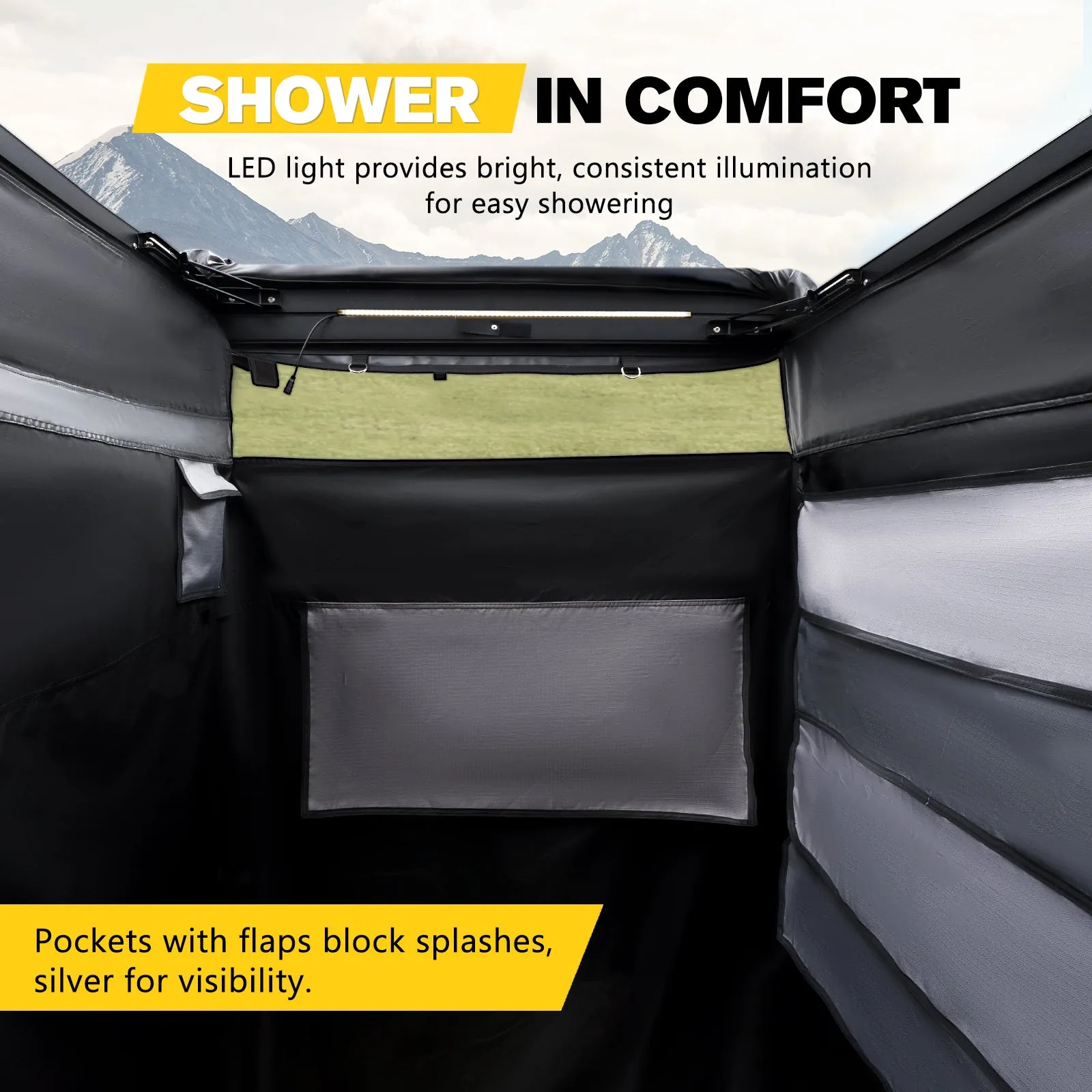 Vehicle Side Shower Tent with Roof, Car Portable Privacy Shower Bathroom, Outdoor Camping Awning Shower Room Waterproof, Built-in LED Light for Night, Black