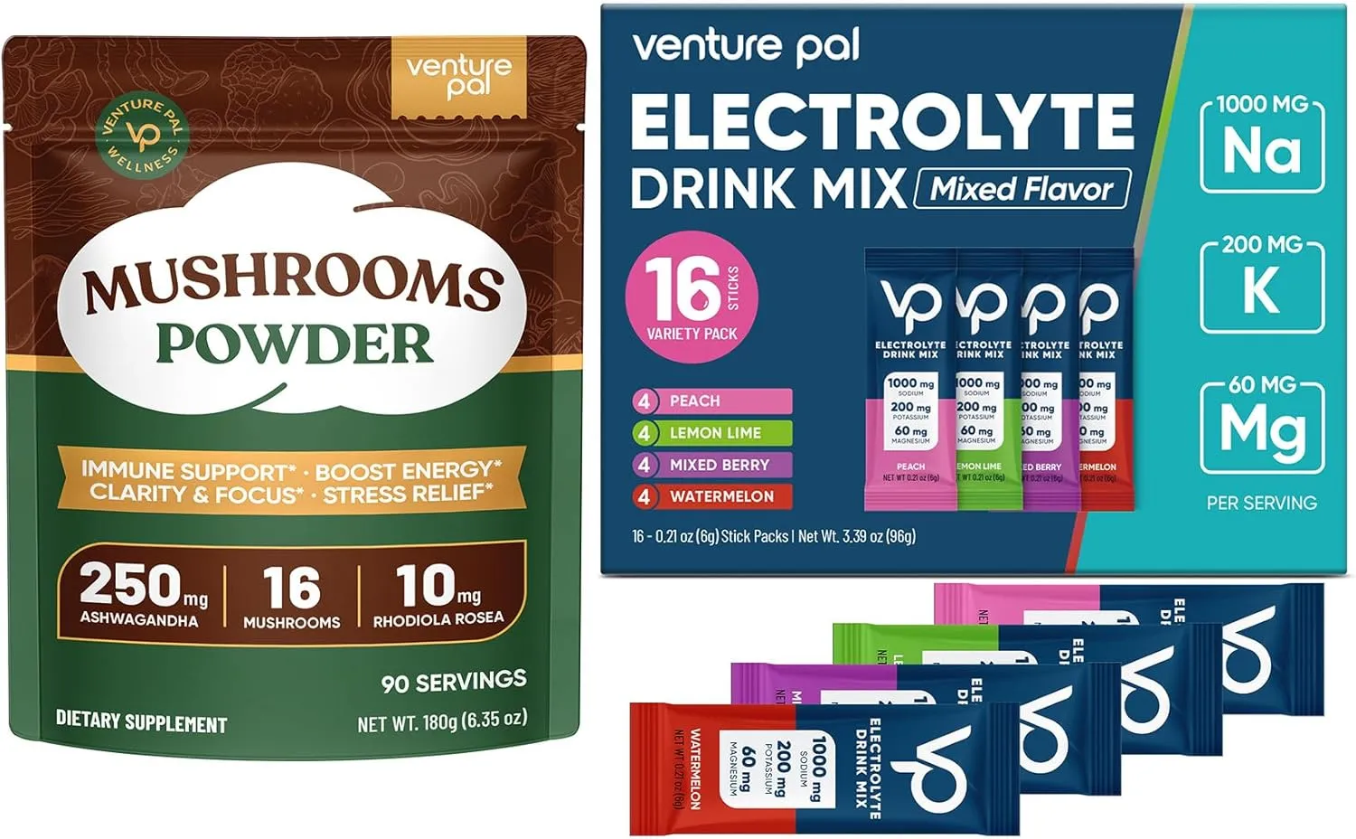 Venture Pal Mushroom Powder & High Sodium Electrolyte Powder Bundle -16 Mushroom Adaptogen Blend with Ashwagandha & Lion's Mane (90 Servings)   Sugar-Free Electrolyte Powder Variety Pack (16 Sticks)