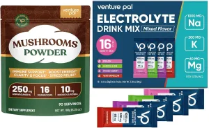 Venture Pal Mushroom Powder & High Sodium Electrolyte Powder Bundle -16 Mushroom Adaptogen Blend with Ashwagandha & Lion's Mane (90 Servings)   Sugar-Free Electrolyte Powder Variety Pack (16 Sticks)