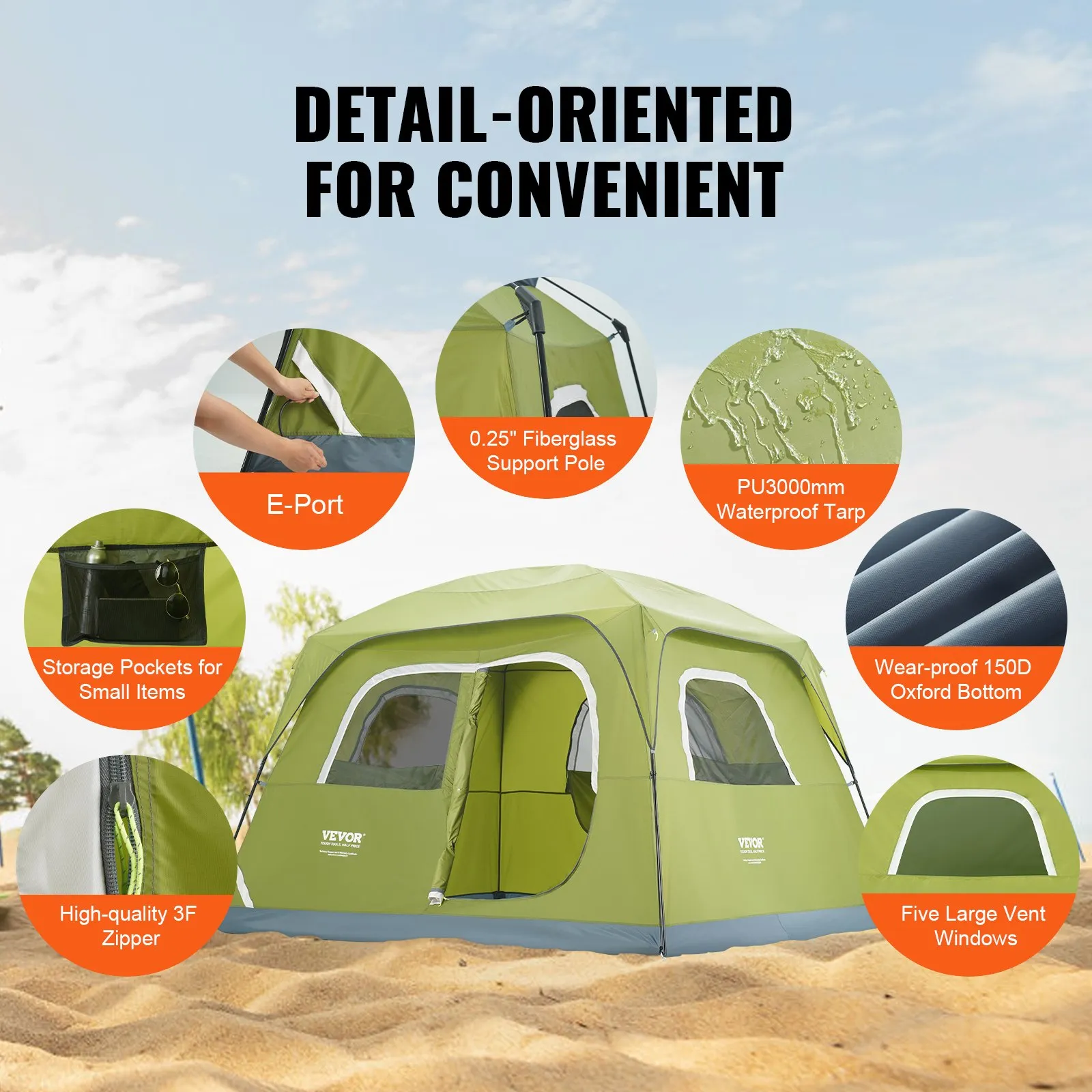 VEVOR Camping Tent, 10 x 9 x 6.5 ft - Waterproof & Lightweight, Easy Setup