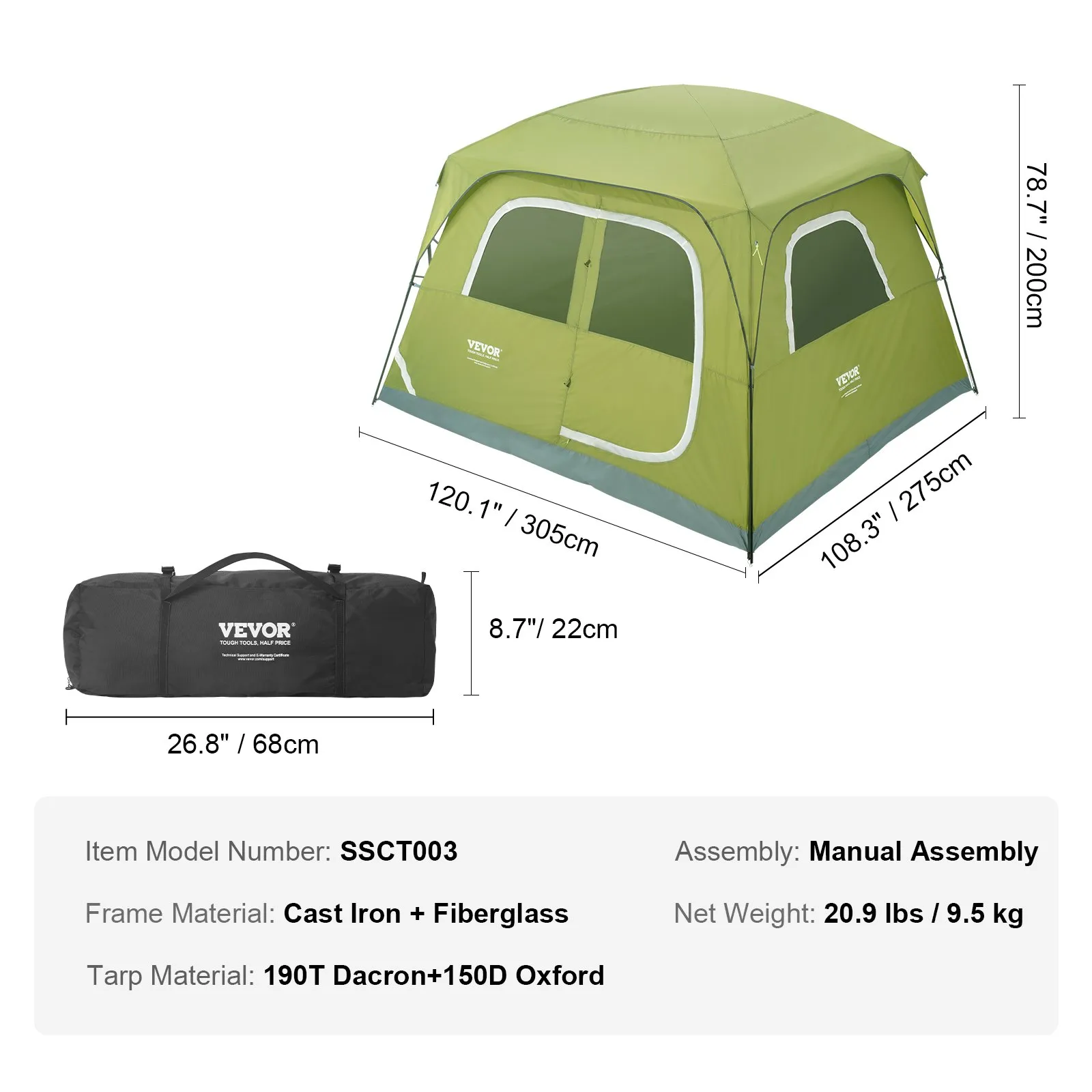 VEVOR Camping Tent, 10 x 9 x 6.5 ft - Waterproof & Lightweight, Easy Setup