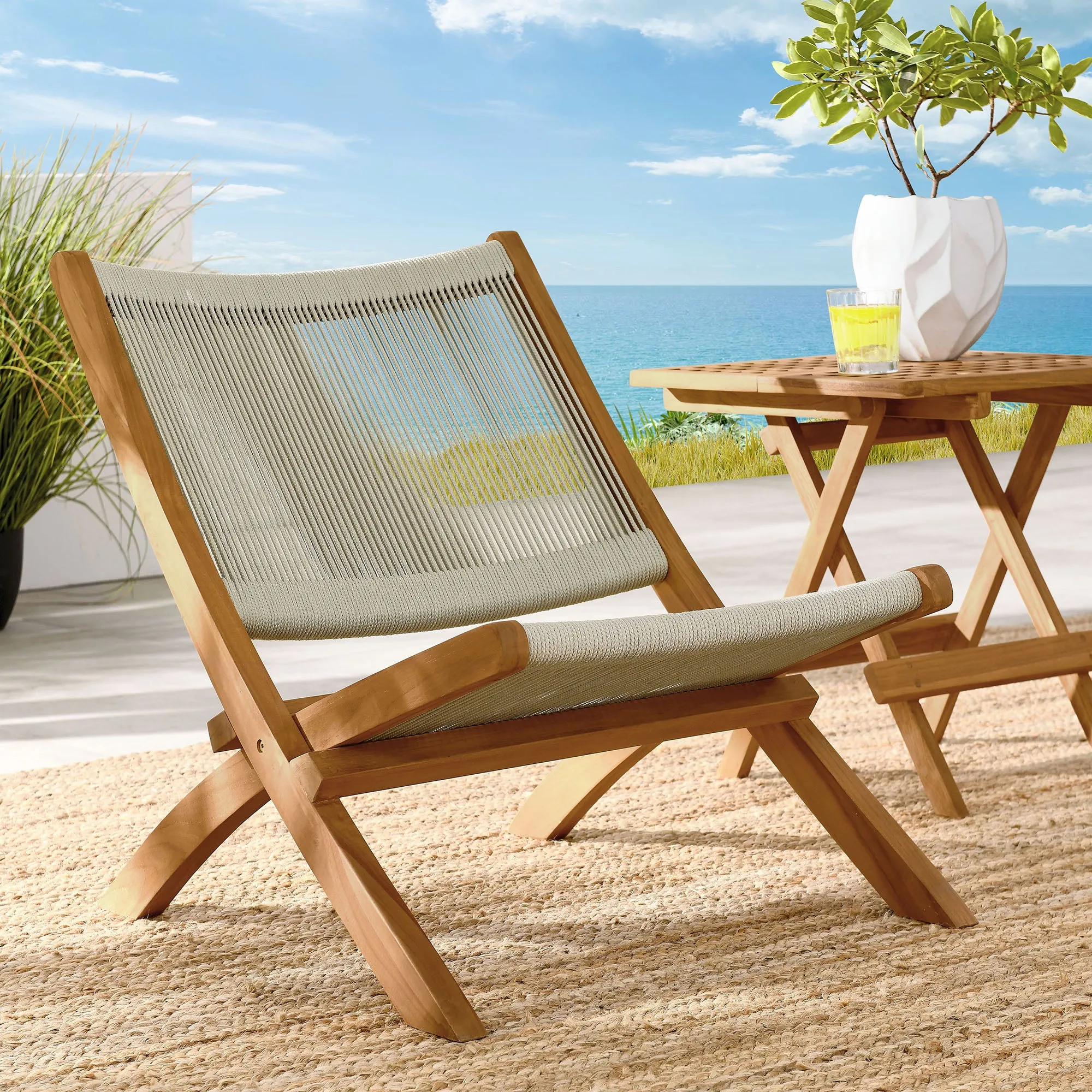 Vienna Outdoor Patio Teak and Rope Folding Accent Lounge Chair