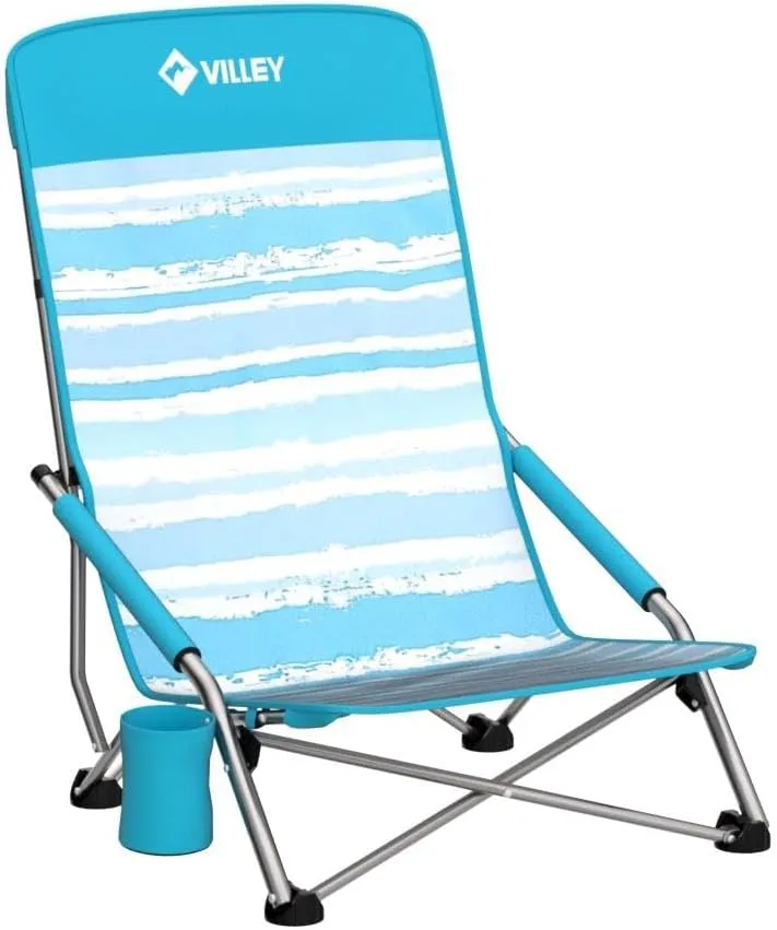 VILLEY Low Beach Chair, High Back Folding Beach Chair for Adults, Lightweight and Portable for Outdoor, Beach, Camping, Lawn, Music Festival, with Cup Holder and Carry Bag-Blue Stripes